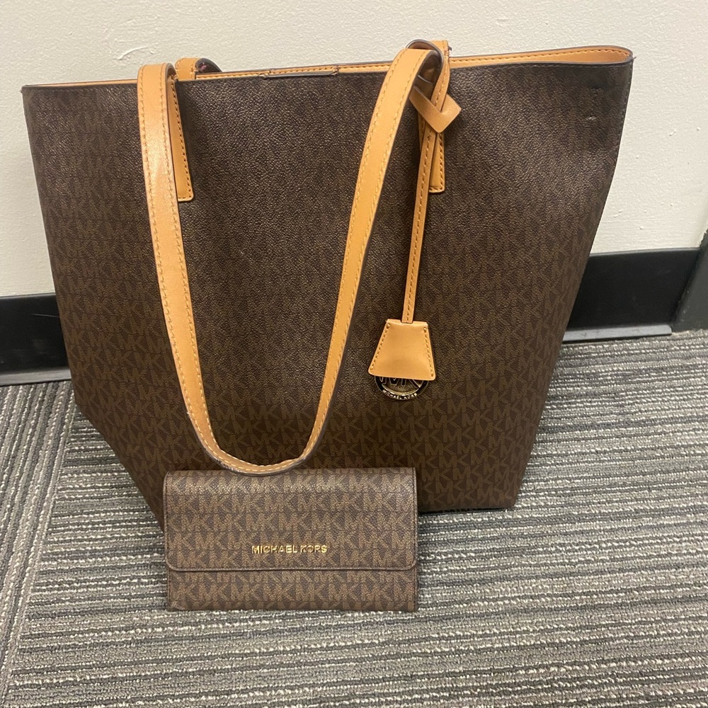 Michael Kors Brown and Tan Tote with Wallet
